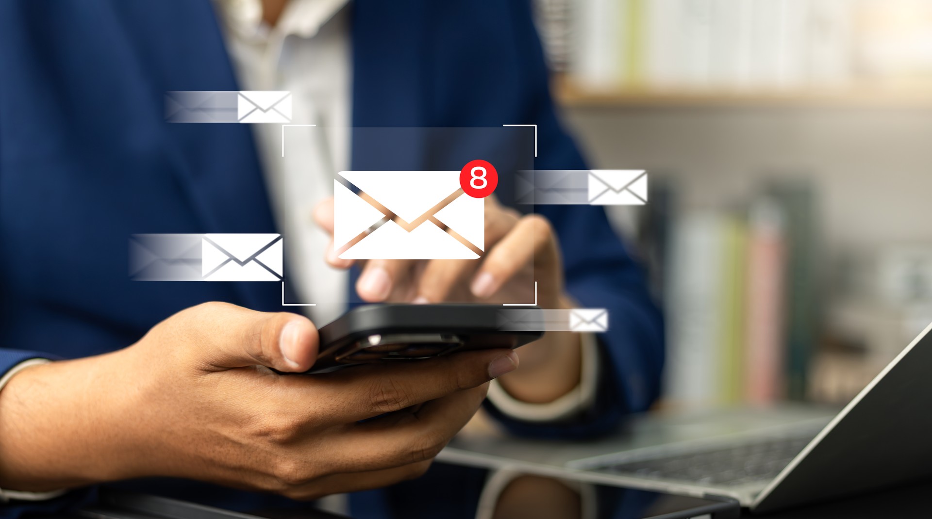 Business email communication in the digital age new messages and alerts. Inbox with email Marketing Strategy and Notifications. internet technology. businessman using smartphone with email.