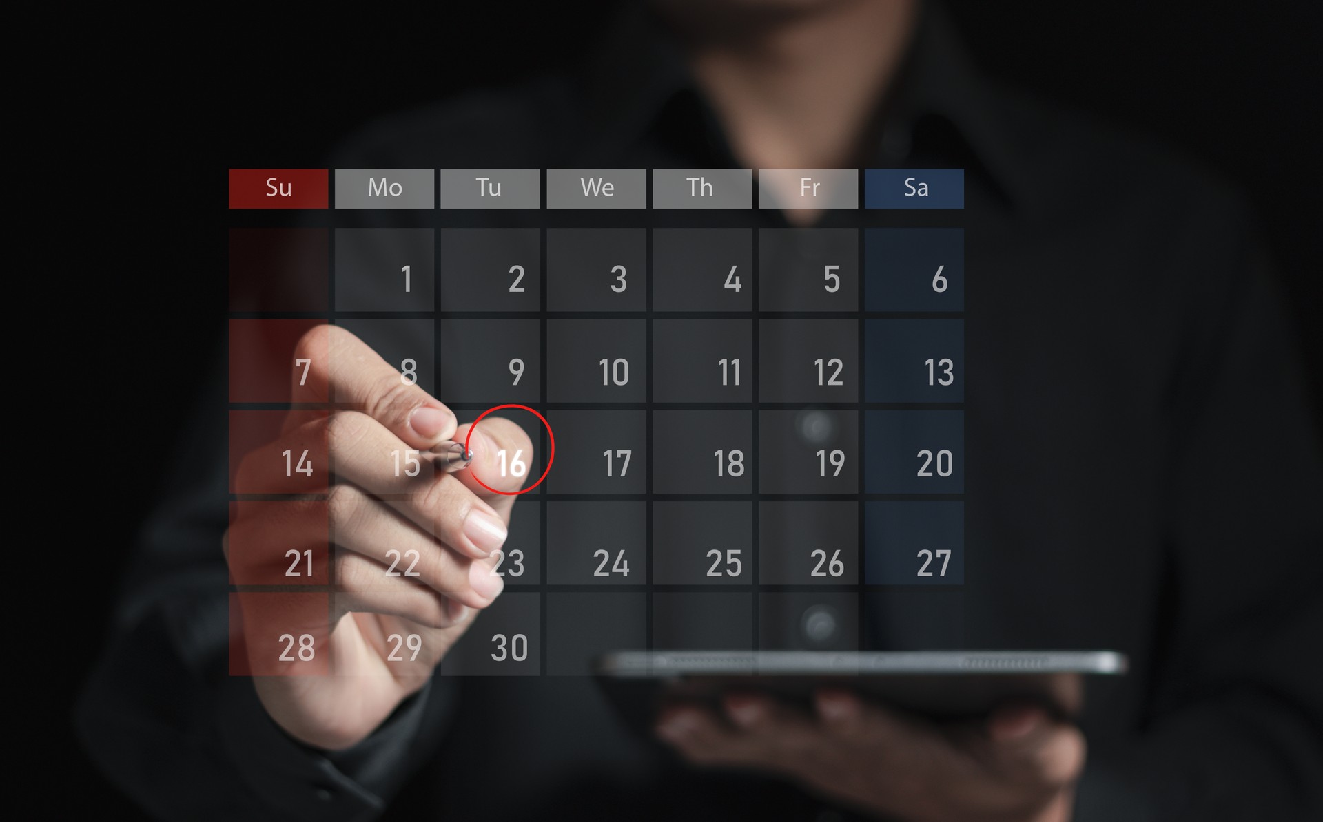 Time management concept. Businessman manages time for effective work. Calendar on the virtual screen interface. Highlight appointment reminders and meeting agenda on the calendar.